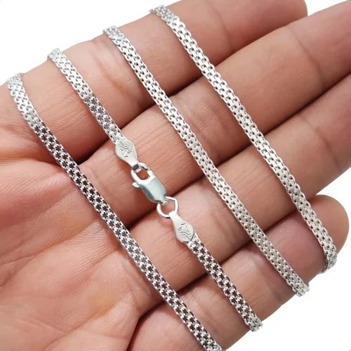 Cadena Tejido Chino Plata 925 Italiana 3mm 60cm Primer plano de cadena tejido chin - chinesca en plata 925 italiana 3mm 60cm mostrando el detalle del tejido, acabado y broche italy